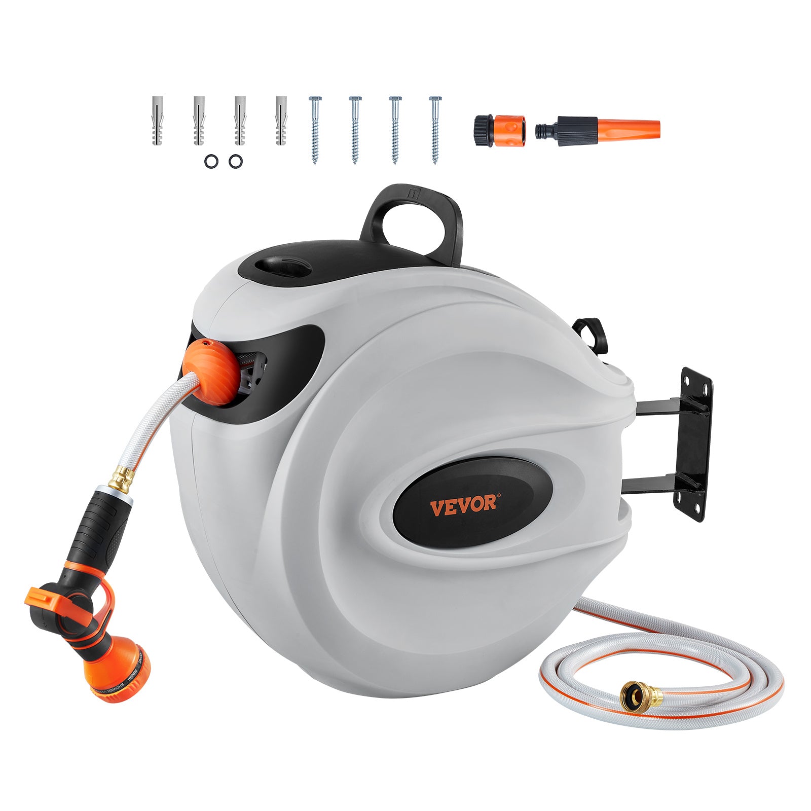 Retractable Hose Reel Wall Mounted 180° Swivel - Auto Rewind Garden Water Hose Reel 65 to 130 Ft with 9-Pattern Nozzle, Locking System & All-Weather Shell for Lawn, Car Wash & Pet Cleaning