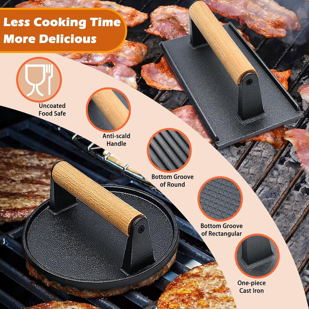 Rust-Resistant Smash Burger Press-Heavy-Duty Cast Iron Patty Maker with Heat-Resistant Wooden Handle, Includes 7"Round & 8.2"X4.3"Rectangle Grill Press-Ideal for Smash Burgers, Bacon & Sandwiches