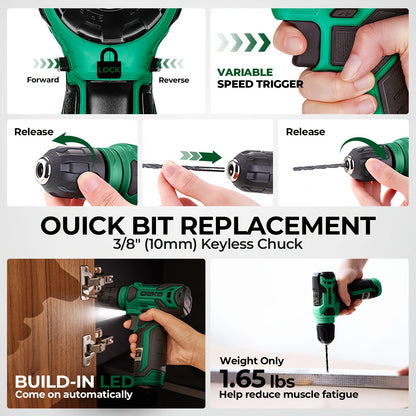 128-Piece Household Tool Kit with 8V Cordless Drill & Driver – 1.5Ah Rechargeable Battery, All-in-One Hand Tool Box for Home Repair, Garden, Camping & Office Maintenance, Craftsman Gift