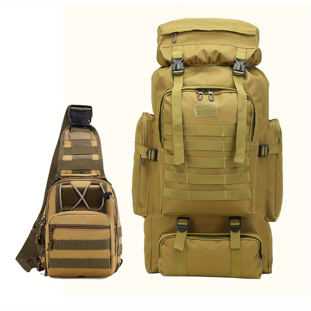 Tactical Hiking Backpack 2-Piece Set 80L Large Capacity with MOLLE System & Multiple Compartments – Camouflage Oxford Fabric Rucksack for Camping, Trekking & Outdoor Adventure | ShopVora CA