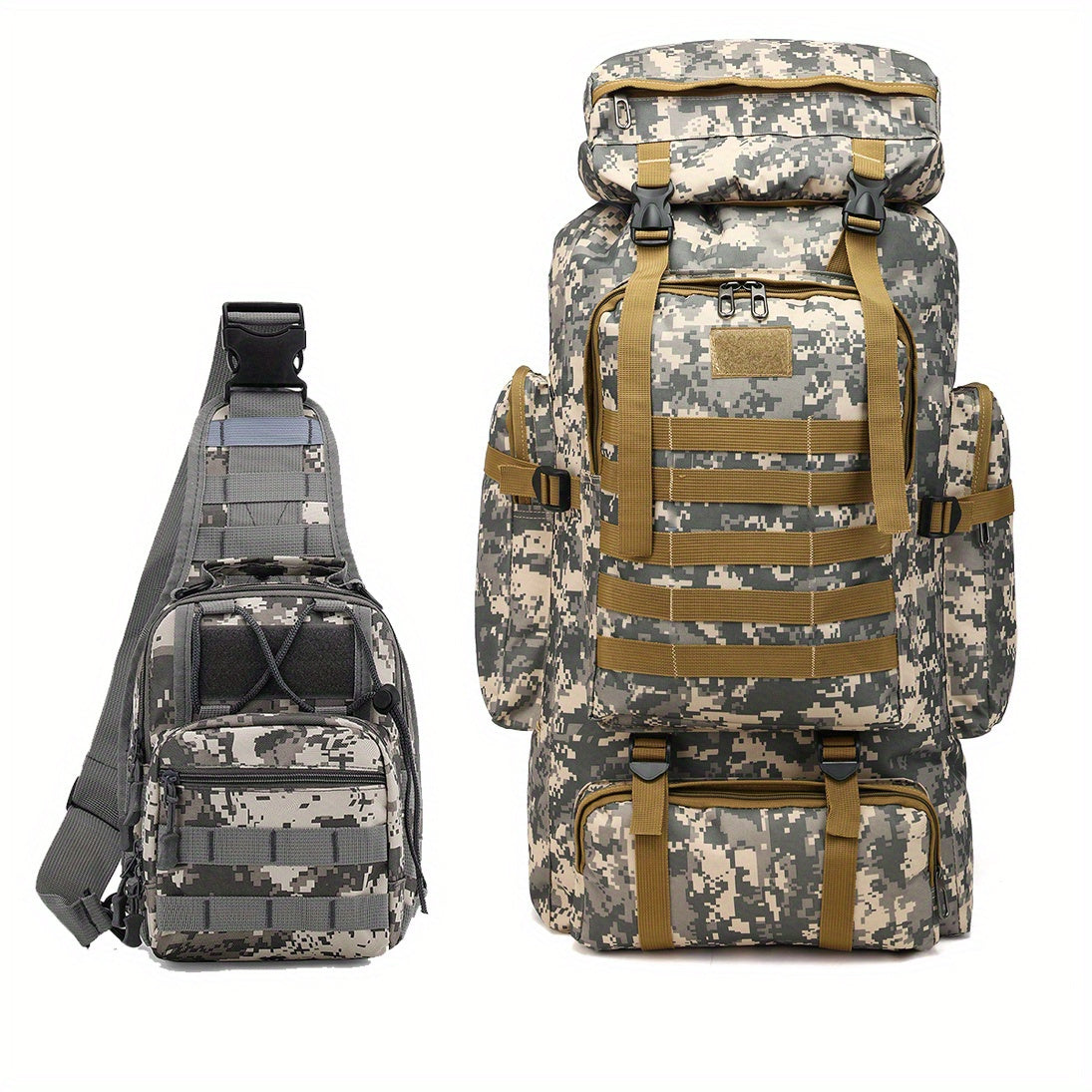 Tactical Hiking Backpack 2-Piece Set 80L Large Capacity with MOLLE System & Multiple Compartments – Camouflage Oxford Fabric Rucksack for Camping, Trekking & Outdoor Adventure | ShopVora CA