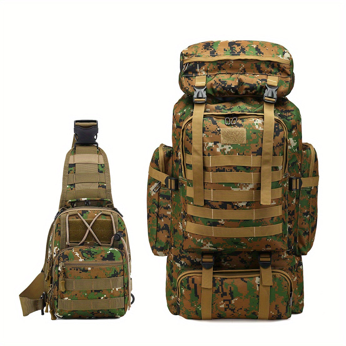 Tactical Hiking Backpack 2-Piece Set 80L Large Capacity with MOLLE System & Multiple Compartments – Camouflage Oxford Fabric Rucksack for Camping, Trekking & Outdoor Adventure | ShopVora CA