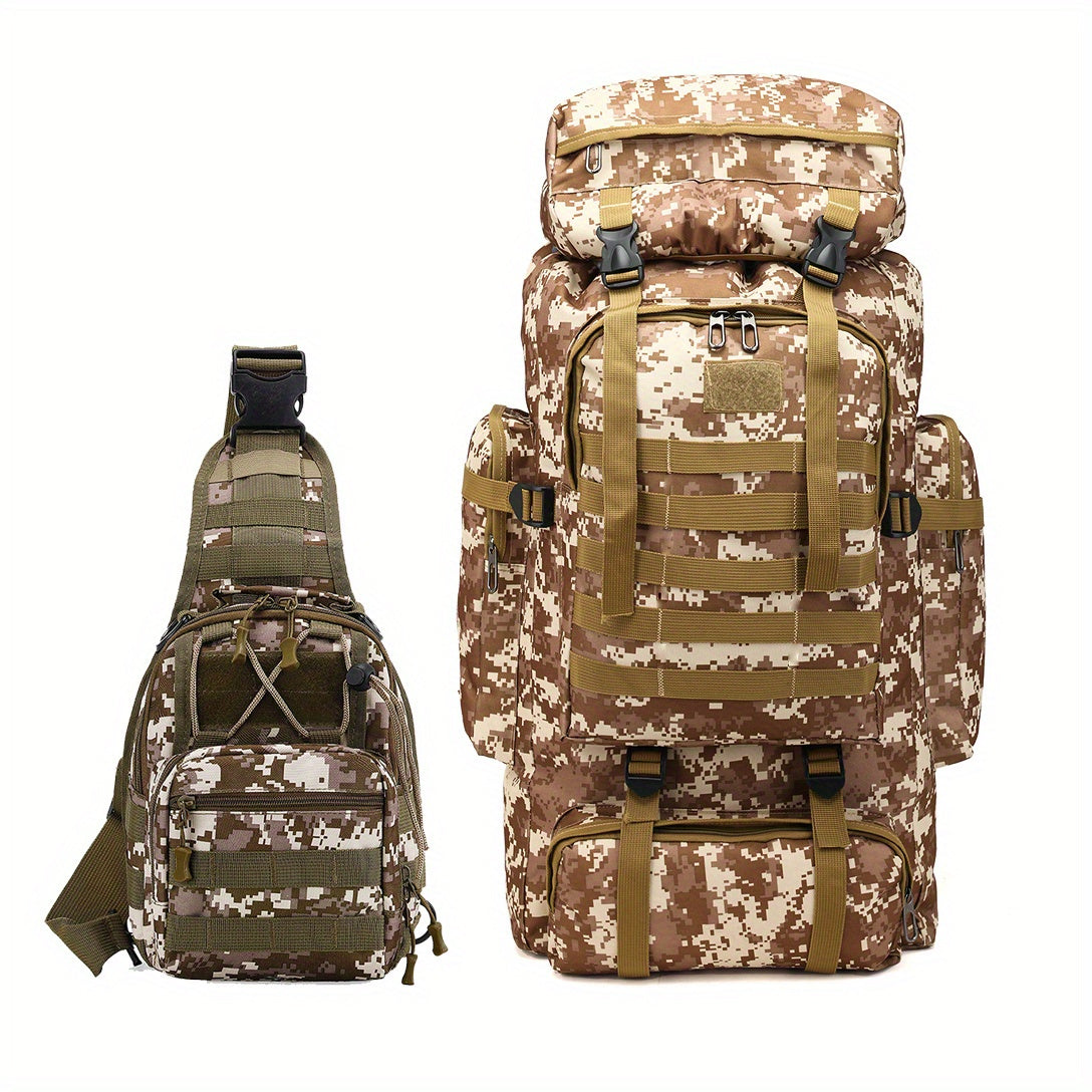 Tactical Hiking Backpack 2-Piece Set 80L Large Capacity with MOLLE System & Multiple Compartments – Camouflage Oxford Fabric Rucksack for Camping, Trekking & Outdoor Adventure | ShopVora CA