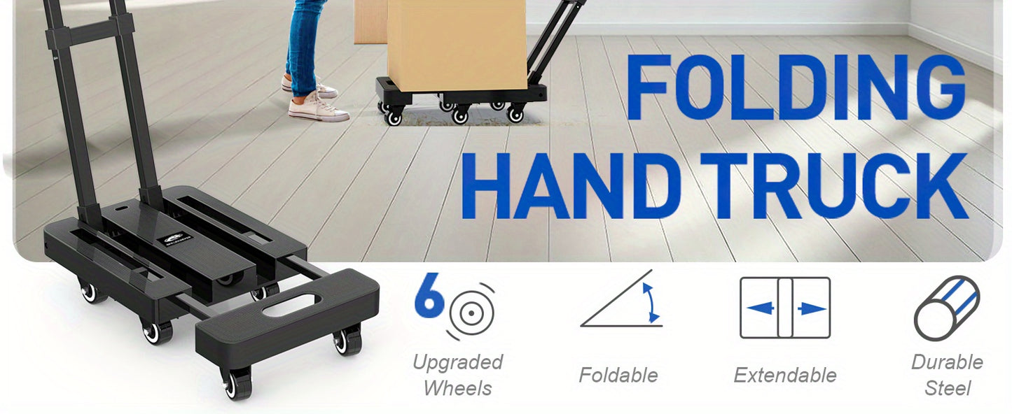 Folding Hand Truck 500 LB Heavy Duty Utility Dolly Platform Cart with 6 Wheels & 2 Elastic Ropes – Portable Luggage Cart for Moving, Shopping, Office, Warehouse & Garden Use | Black | ShopVora CA