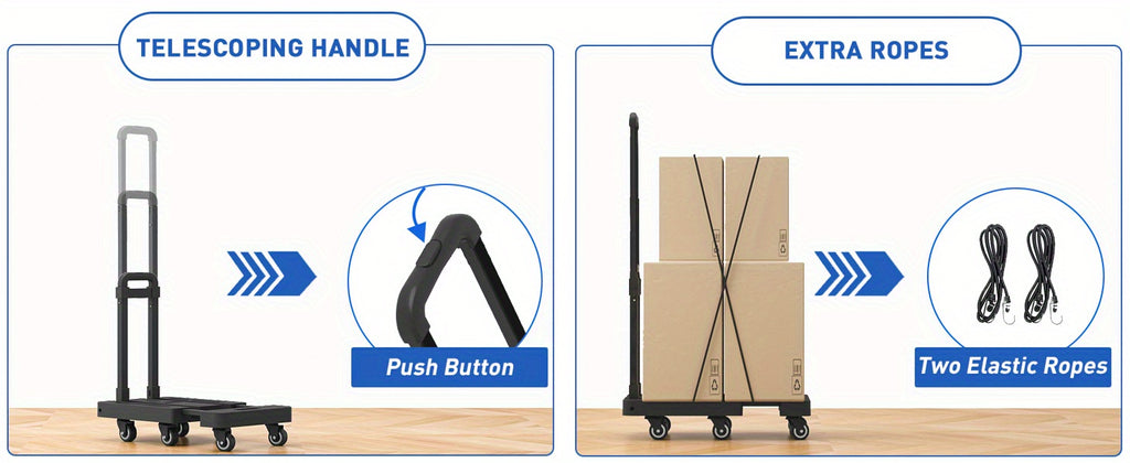 SPACEKEEPER Folding Hand Truck, 500 LB Heavy Duty Luggage Cart, Utility Dolly Platform Cart with 6 Wheels And 2 Elastic Ropes for Luggage, Travel, Moving, Shopping, Office Use, Black