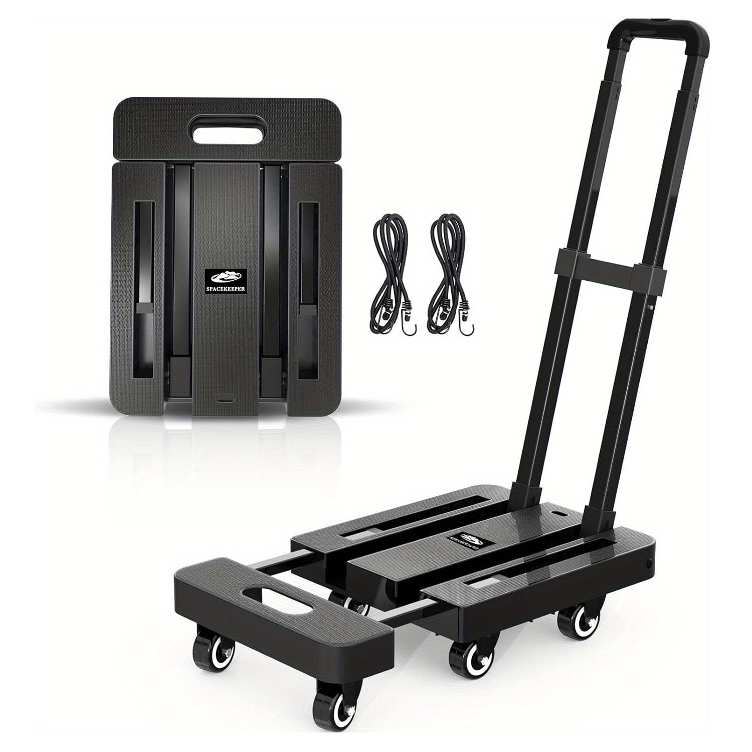 Folding Hand Truck 500 LB Heavy Duty Utility Dolly Platform Cart with 6 Wheels & 2 Elastic Ropes – Portable Luggage Cart for Moving, Shopping, Office, Warehouse & Garden Use | Black | ShopVora CA