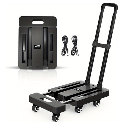 Folding Hand Truck 500 LB Heavy Duty Utility Dolly Platform Cart with 6 Wheels & 2 Elastic Ropes – Portable Luggage Cart for Moving, Shopping, Office, Warehouse & Garden Use | Black | ShopVora CA