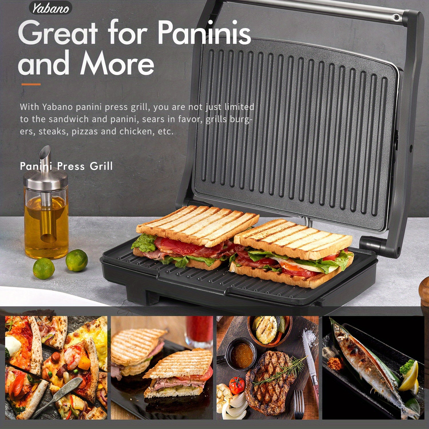 Panini Press Grill, Gourmet Sandwich Maker, Electric Indoor Grill with Non-Stick Cooking Plate And Removable Drip Tray, Easy to Clean, Stainless Steel