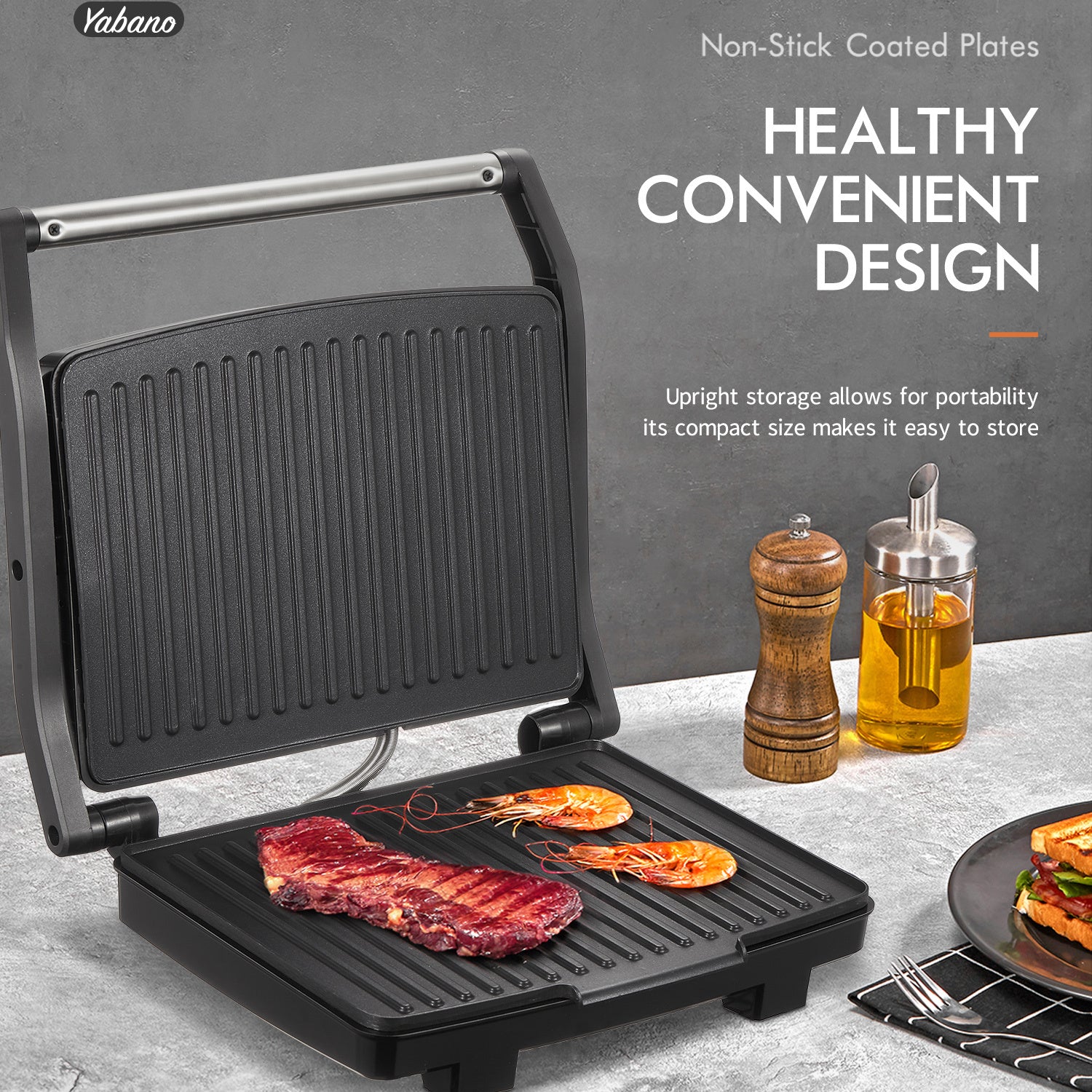 Panini Press Grill, Gourmet Sandwich Maker, Electric Indoor Grill with Non-Stick Cooking Plate And Removable Drip Tray, Easy to Clean, Stainless Steel