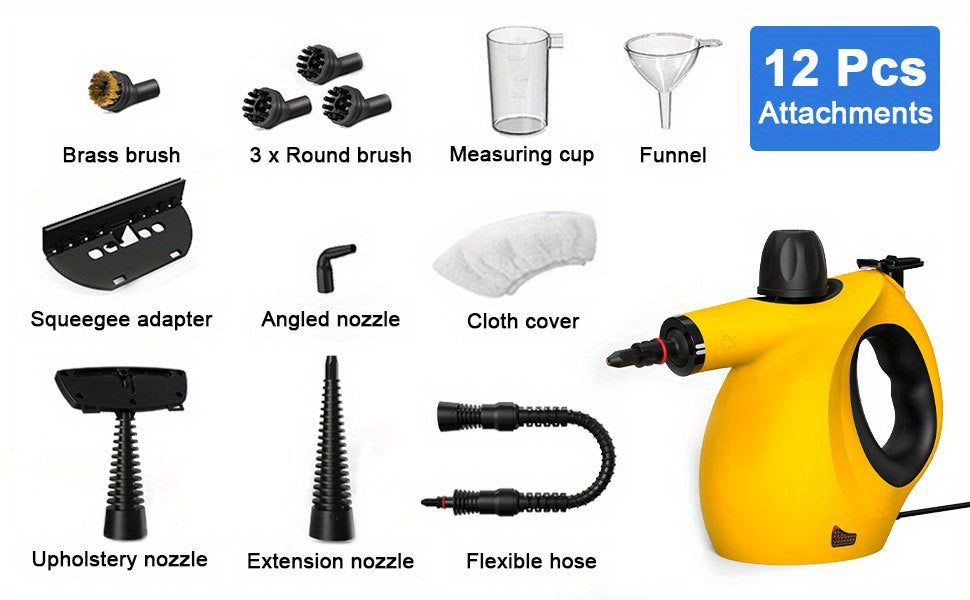 Handheld Steam Cleaner, Portable Pressurized Multi-Surface Steamer with 12pcs Accessory, Multi-Purpose Steam Cleaner for Floor, Windows, Upholstery, Kitchen, Couch, Car Seats