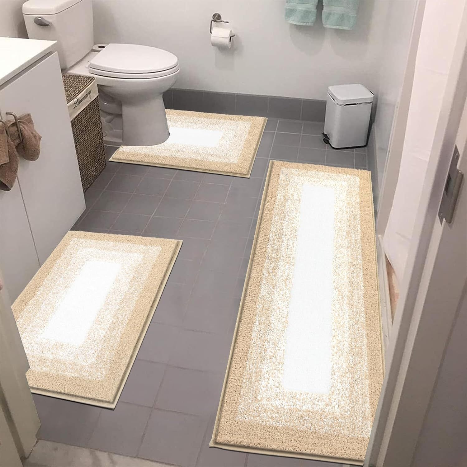 Bathroom Rugs Set 3 Piece Non Slip Ultra Soft Microfiber Bath Mats - Absorbent Plush Bath Rugs with U-Shaped Contour Toilet Mat, Machine Washable