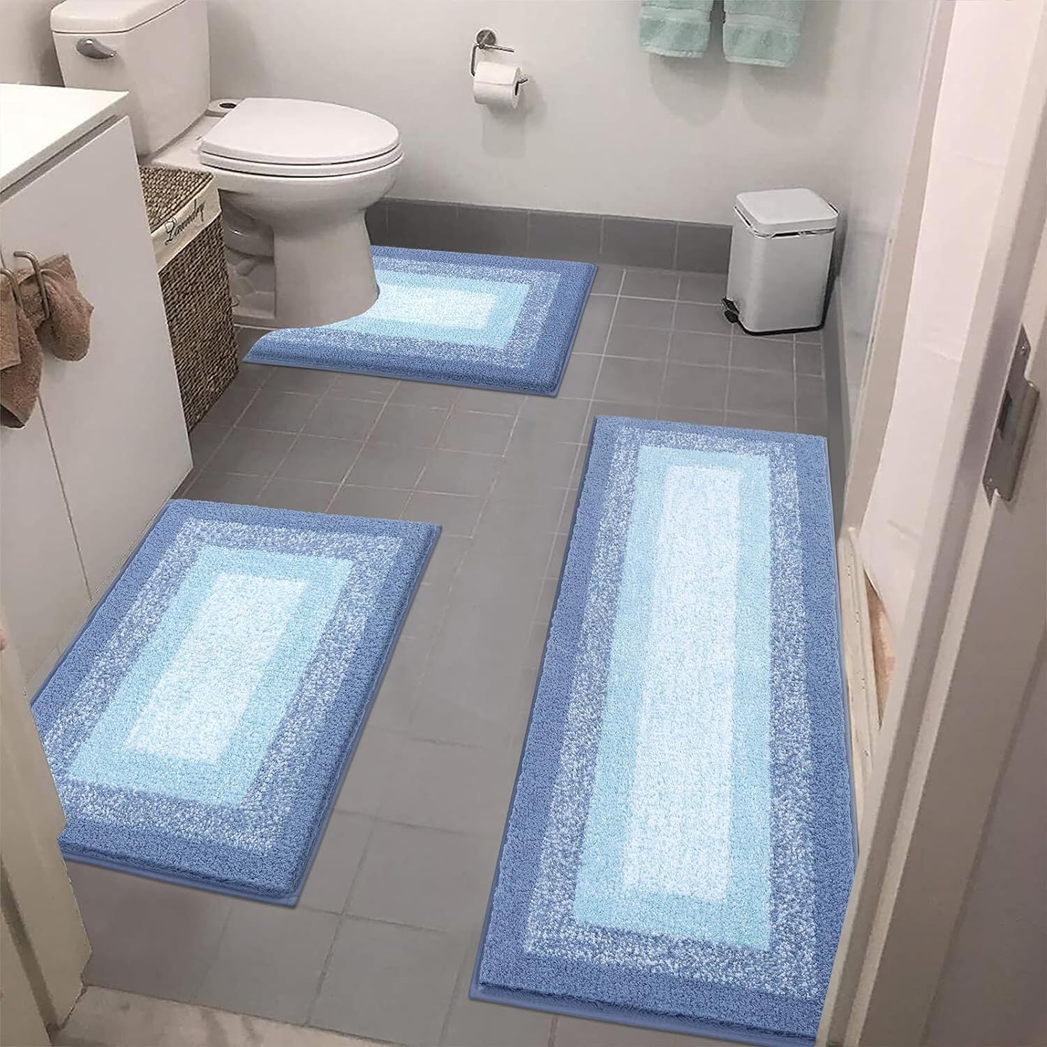Bathroom Rugs Set 3 Piece Non Slip Ultra Soft Microfiber Bath Mats - Absorbent Plush Bath Rugs with U-Shaped Contour Toilet Mat, Machine Washable