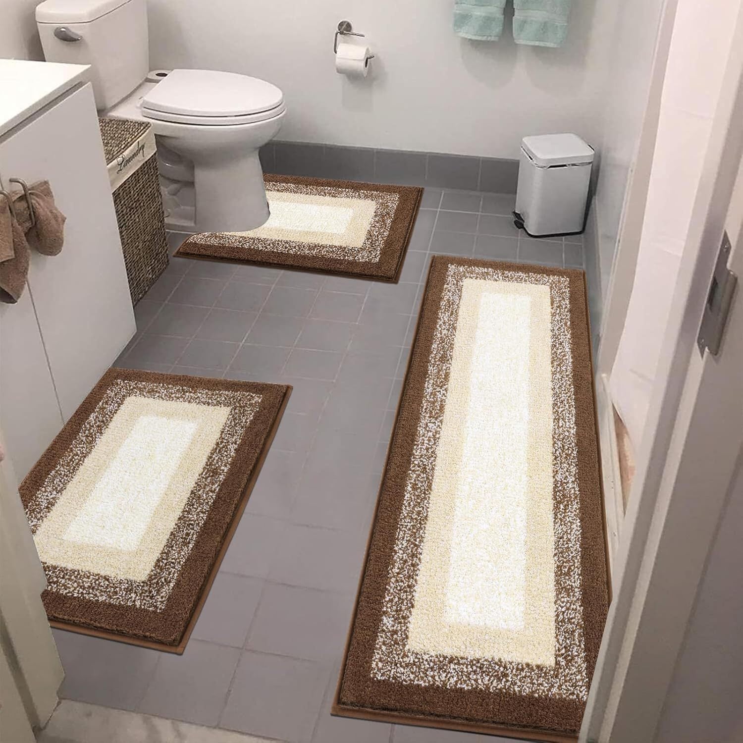 Bathroom Rugs Set 3 Piece Non Slip Ultra Soft Microfiber Bath Mats - Absorbent Plush Bath Rugs with U-Shaped Contour Toilet Mat, Machine Washable