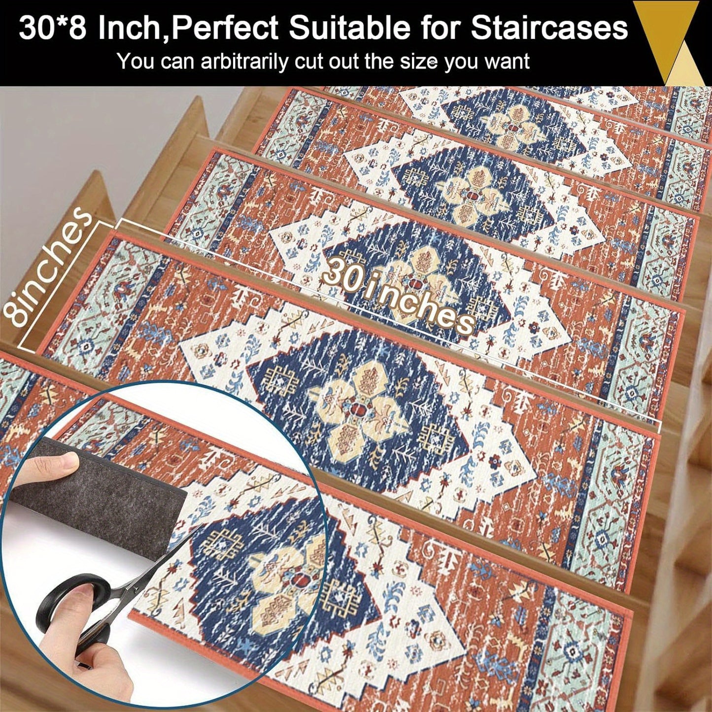 Non-Slip Carpet Stair Treads 15-Pack — 8"x30" Self-Adhesive Stair Runner Pads for Wooden Steps, Reusable Indoor Outdoor Staircase Step Rugs