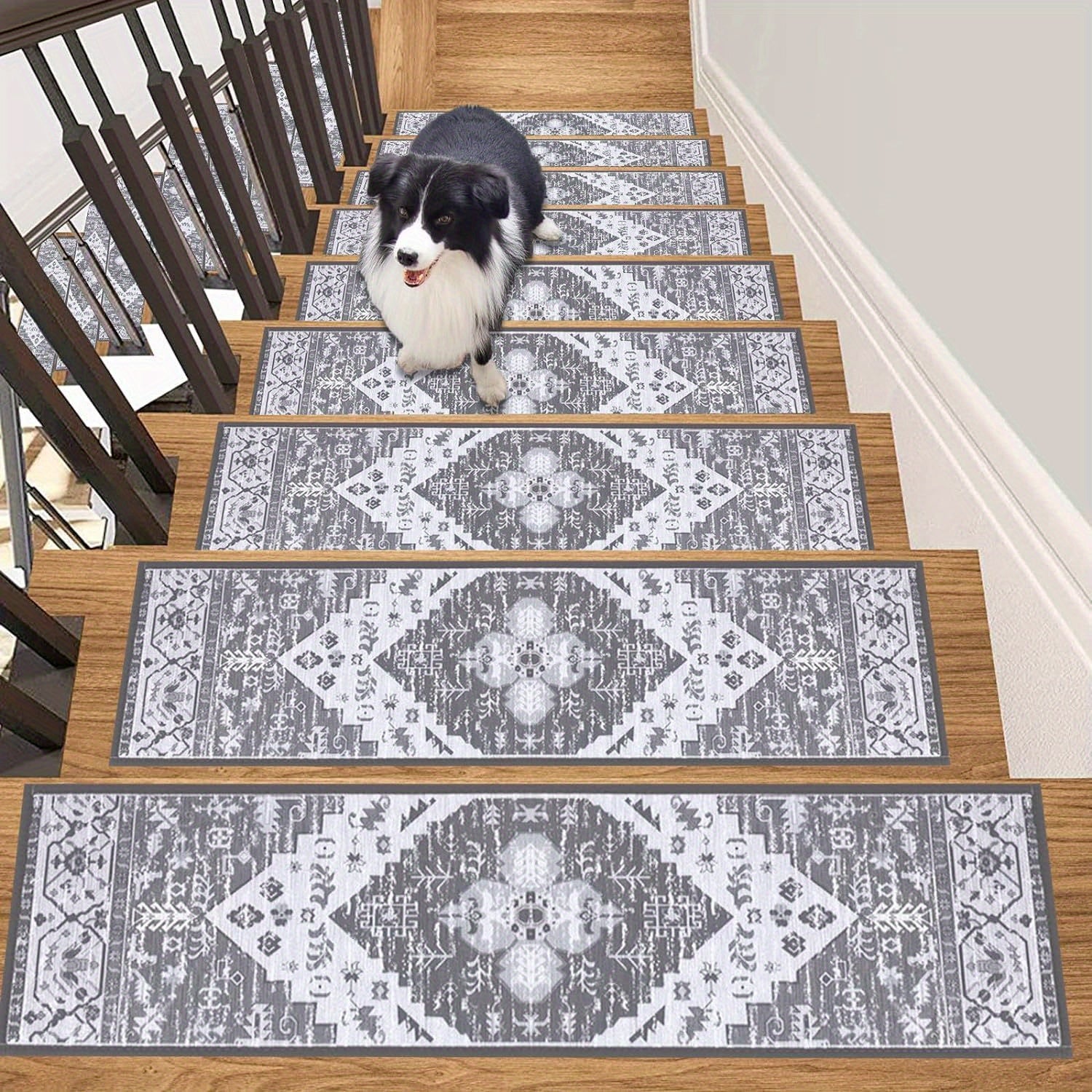 Non-Slip Carpet Stair Treads 15-Pack — 8"x30" Self-Adhesive Stair Runner Pads for Wooden Steps, Reusable Indoor Outdoor Staircase Step Rugs