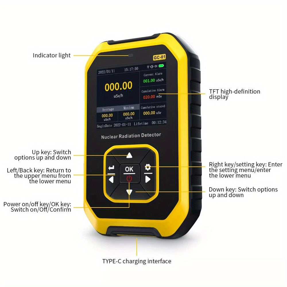 Geiger Counter Nuclear Radiation Detector - Radiation Dosimeter with LCD Display, Portable Handheld Beta Gamma X-ray Rechargeable Radiation Monitor Meter, 5 Dosage Units Switched