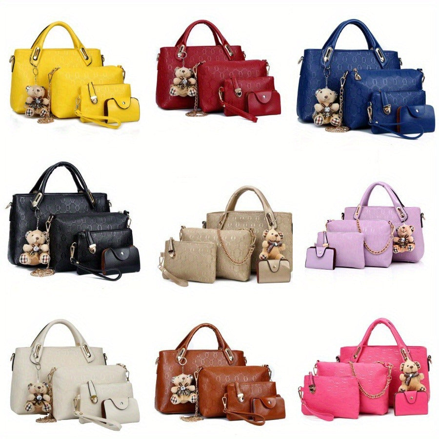 4pcs Retro Fashion Embossed Women'S Bag, Simple Large Capacity Tote Bag, Casual Versatile Single Shoulder Crossbody Bag, A Random Bear Pendant, Portable Handbag, Suitable For Daily Commuting, Travel For Best Birthday Gifts
