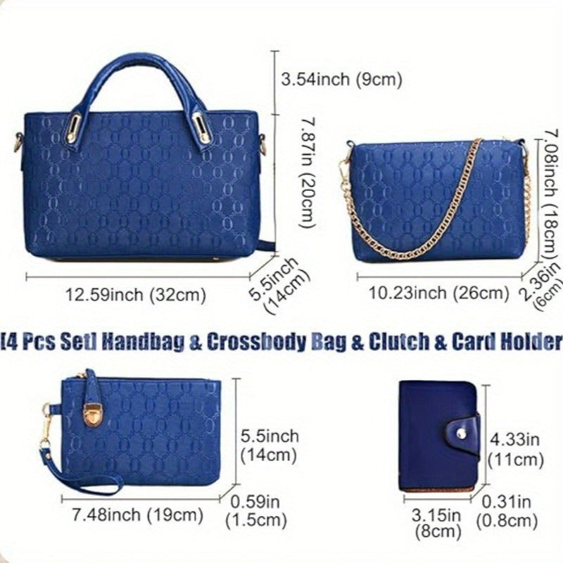 Embossed Women's 4-Piece Bag Set – Large Capacity Tote, Shoulder Crossbody Handbag with Bear Pendant | Retro Casual Style for Daily Commuting, Travel & Birthday Gifts | 9 Colours