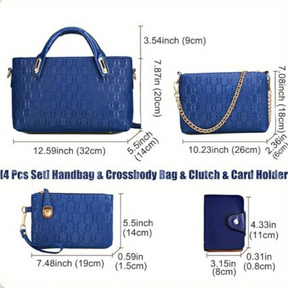Embossed Women's 4-Piece Bag Set – Large Capacity Tote, Shoulder Crossbody Handbag with Bear Pendant | Retro Casual Style for Daily Commuting, Travel & Birthday Gifts | 9 Colours