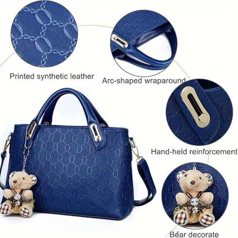 4pcs Retro Fashion Embossed Women'S Bag, Simple Large Capacity Tote Bag, Casual Versatile Single Shoulder Crossbody Bag, A Random Bear Pendant, Portable Handbag, Suitable For Daily Commuting, Travel For Best Birthday Gifts