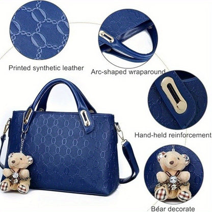 Embossed Women's 4-Piece Bag Set – Large Capacity Tote, Shoulder Crossbody Handbag with Bear Pendant | Retro Casual Style for Daily Commuting, Travel & Birthday Gifts | 9 Colours