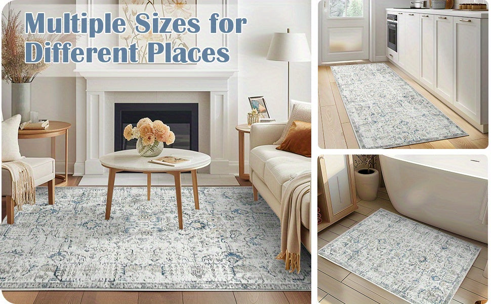 Vintage Boho Distressed Floral Area Rug – Machine Washable, Non-Slip Backing, Stain Resistant – Retro Oversized Accent Carpet for Living Room, Bedroom, Kitchen & Dining Room