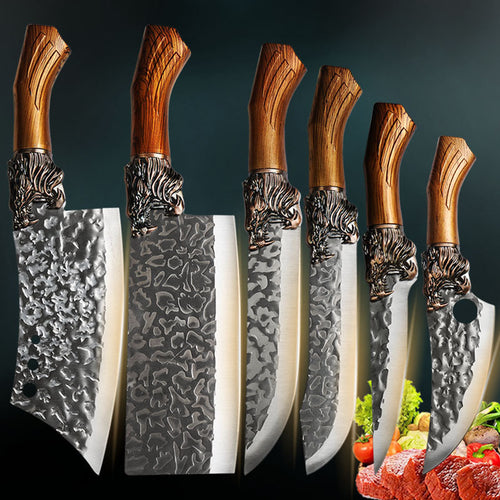 6-Piece Boning & Butcher Knife Set – Professional Stainless Steel Kitchen Knives with Hammered Blade & Wood Handle, Chef, Utility, Fish, Cutting & Butcher Knives for Home, Camping & BBQ