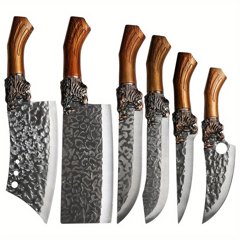6-Piece Boning & Butcher Knife Set – Professional Stainless Steel Kitchen Knives with Hammered Blade & Wood Handle, Chef, Utility, Fish, Cutting & Butcher Knives for Home, Camping & BBQ