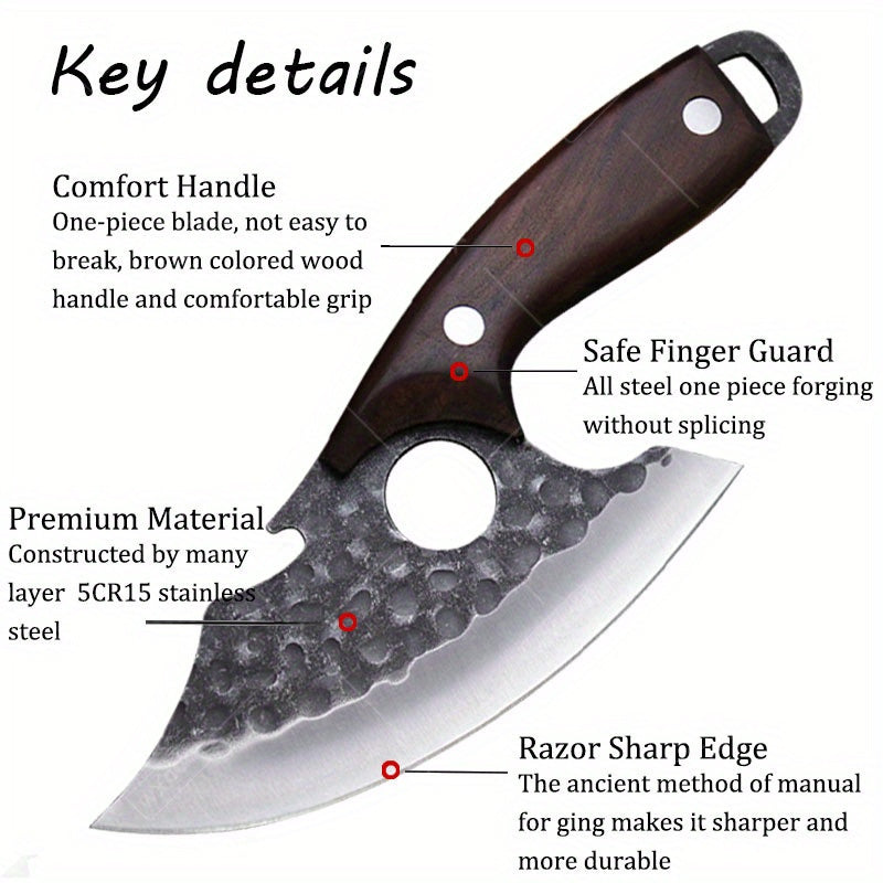 Professional Kitchen Knife Set 3/6pcs – 5CR15MoV Stainless Steel Chef, Boning & Utility Knives with Hammered Blade & Wood Handle, Multi-Function Knives for Home Cooking, BBQ, Camping & Meat Prep