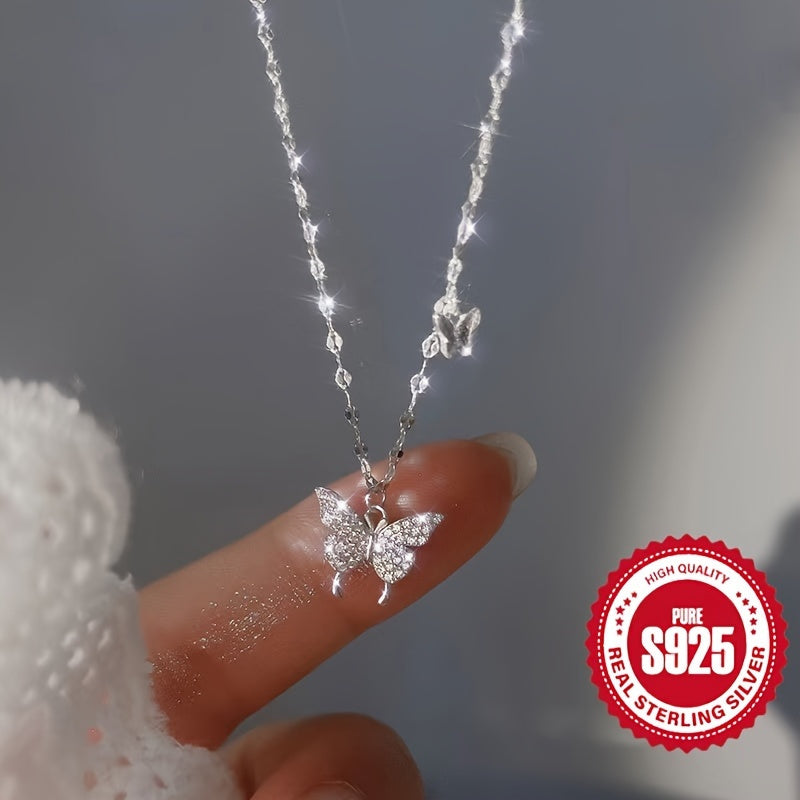 925 sterling silver butterfly sparkling pendant necklace, simple style, jewelry gift for Valentine's Day parties, weddings, daily wear