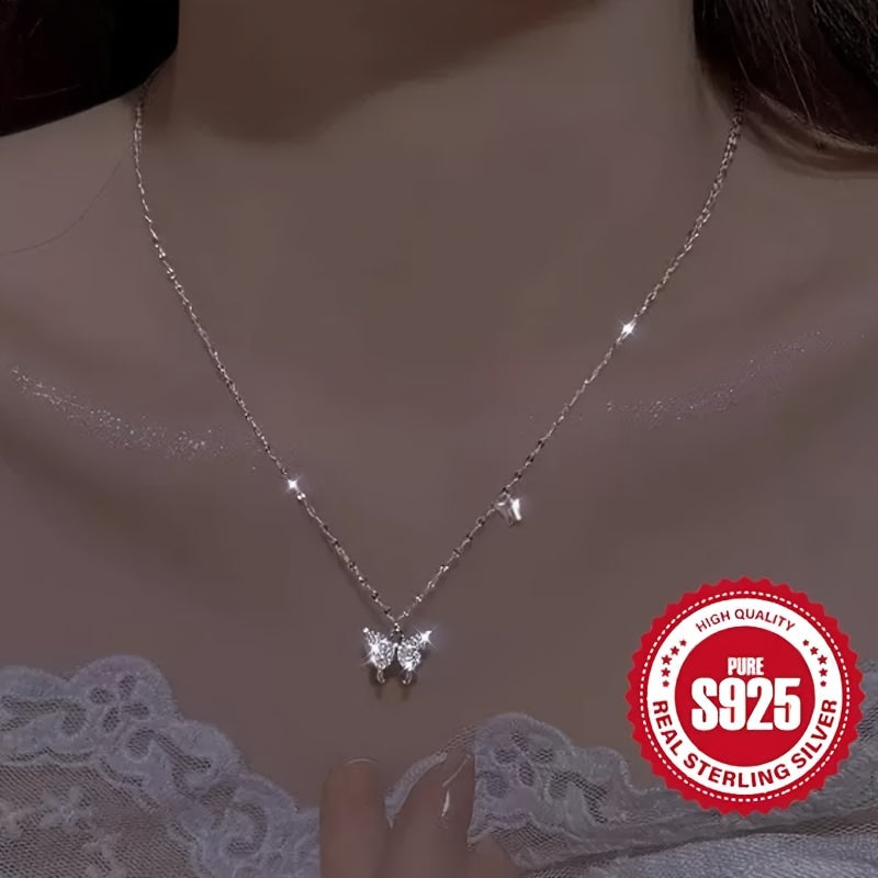 925 sterling silver butterfly sparkling pendant necklace, simple style, jewelry gift for Valentine's Day parties, weddings, daily wear