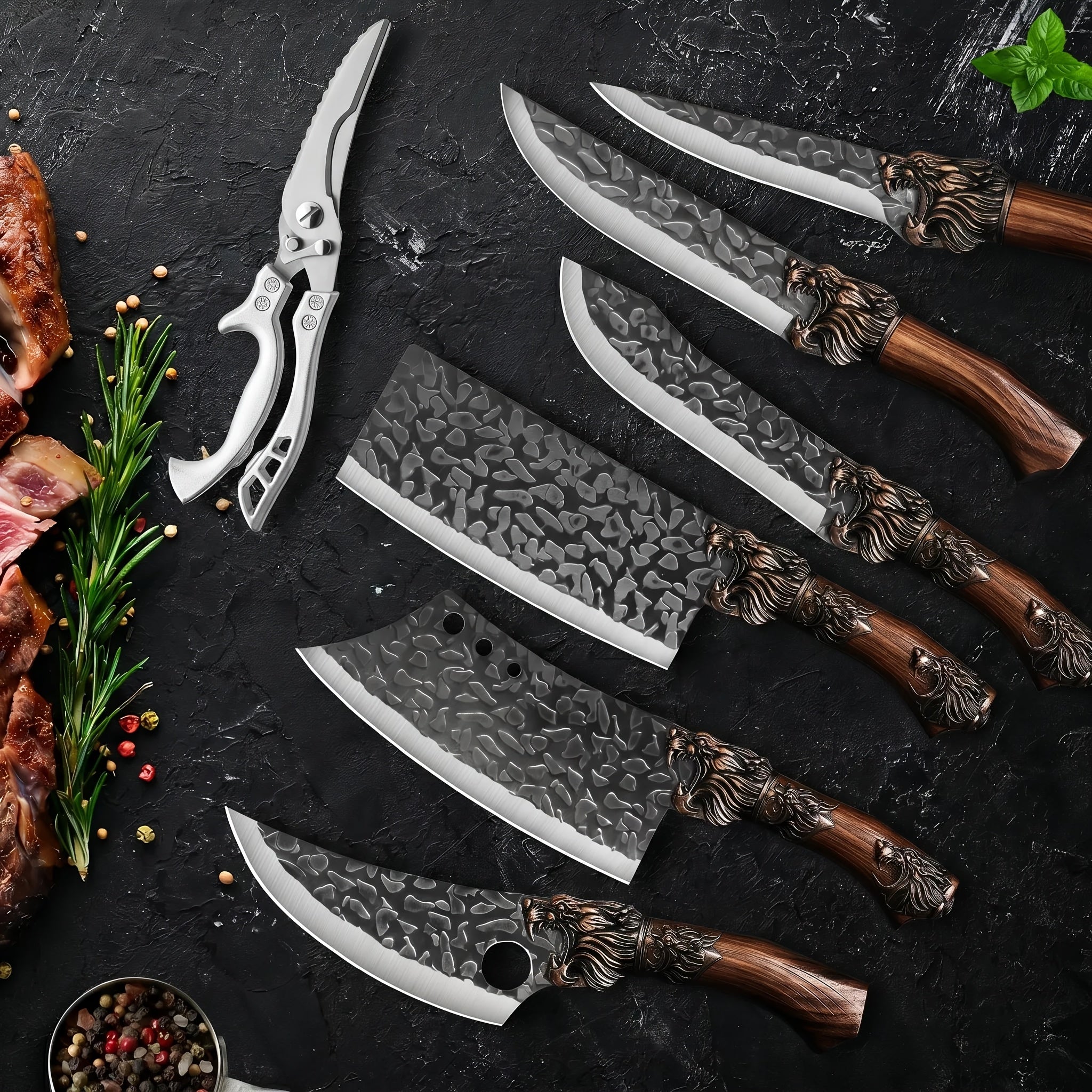 BieZumn 7-Piece High-Performance Kitchen Knife Set – Forged Chef, Bone Cleaver, Fish, Butcher Knives & Ultra-Sharp Kitchen Scissors for Home Cooking & Restaurants