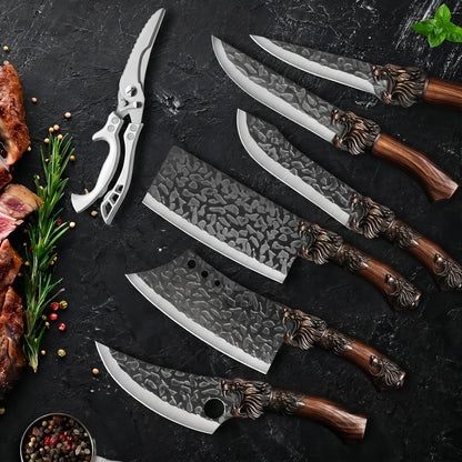 BieZumn 7-Piece High-Performance Kitchen Knife Set – Forged Chef, Bone Cleaver, Fish, Butcher Knives & Ultra-Sharp Kitchen Scissors for Home Cooking & Restaurants