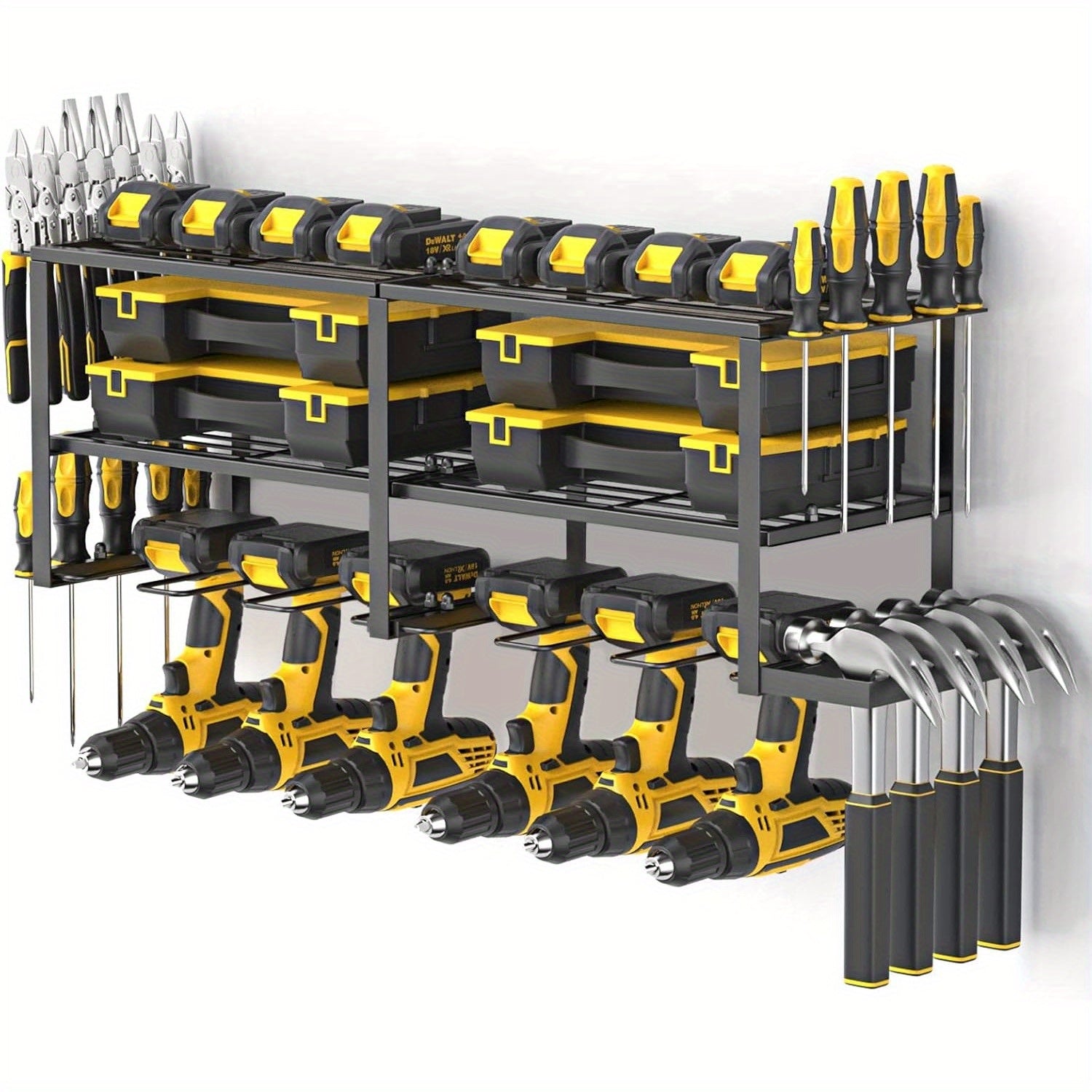 3-Tier Wall-Mounted Tool Rack – Heavy-Duty Cordless Drill Holder & Power Tool Organizer for 4 Drills, Floating Utility Shelf for Garage, Workshop & Home Renovation Storage