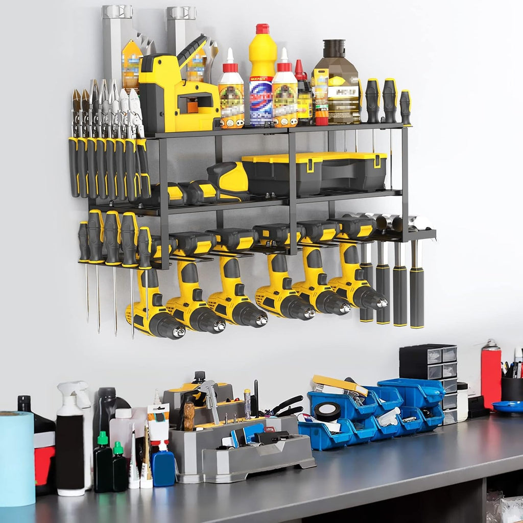 3-Tier Wall-Mounted Tool Rack – Heavy-Duty Cordless Drill Holder & Power Tool Organizer for 4 Drills, Floating Utility Shelf for Garage, Workshop & Home Renovation Storage