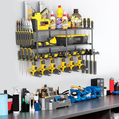 3-Tier Wall-Mounted Tool Rack – Heavy-Duty Cordless Drill Holder & Power Tool Organizer for 4 Drills, Floating Utility Shelf for Garage, Workshop & Home Renovation Storage