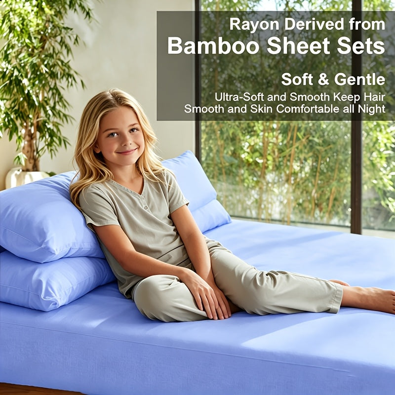 3/5pcs Bamboo Cooling Bed Sheet Set with 2/4 Pillowcases (Warm Tip: Flat Sheet Is Not Included) - Sabanas Para Cama - Breathable And Comforter for Summer And Hot Sleepers - Ultra Soft Children Sheet - Deep Pocket Up to 16"-18" - Sheets