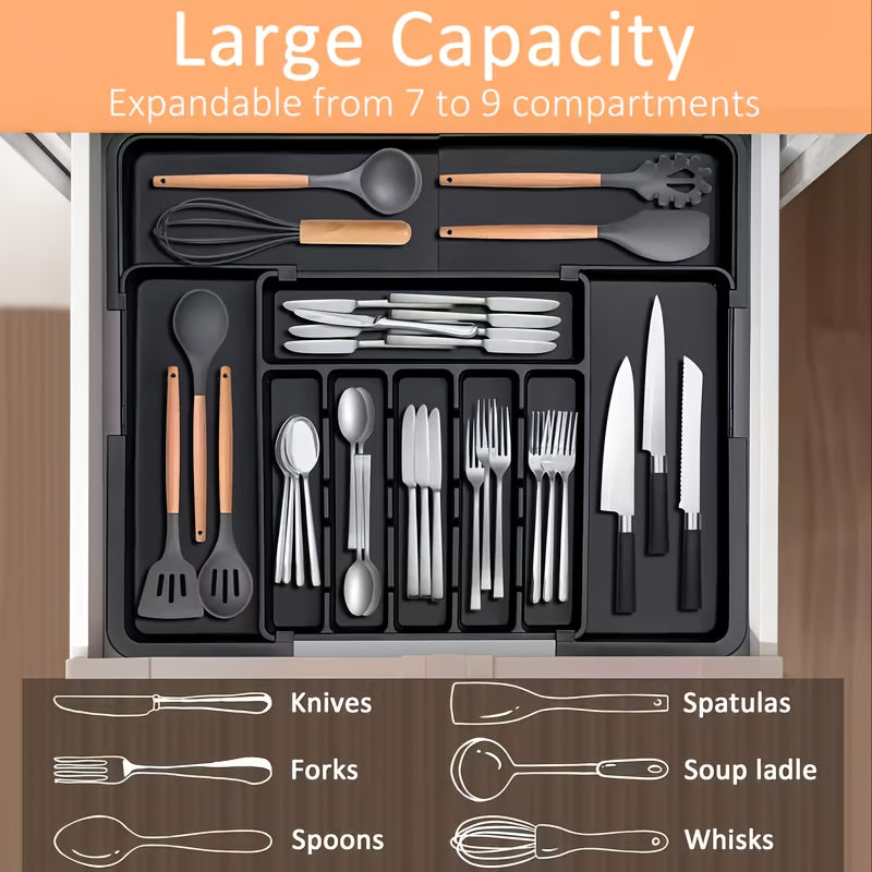 9-Compartment Heavy-Duty Plastic Drawer Organizer with Adjustable Cutlery Storage - Retractable Knife Holder, Fork & Spoon Compartments