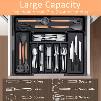 Drawer Organizer 9-Compartment Heavy-Duty Plastic – Adjustable Retractable Cutlery Storage, Knife Holder, Fork & Spoon Compartments for Kitchen Drawer – ShopVora CA