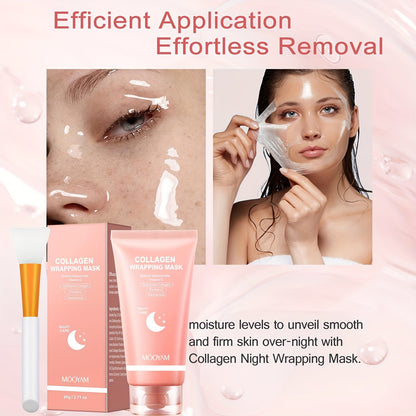 Nighttime Collagen Sleeping Mask with Brush – Hydrolyzed Collagen, Niacinamide, Hyaluronic Acid & Vitamin C Korean Skincare for Elasticity, Hydration & Firming, 2.71 oz