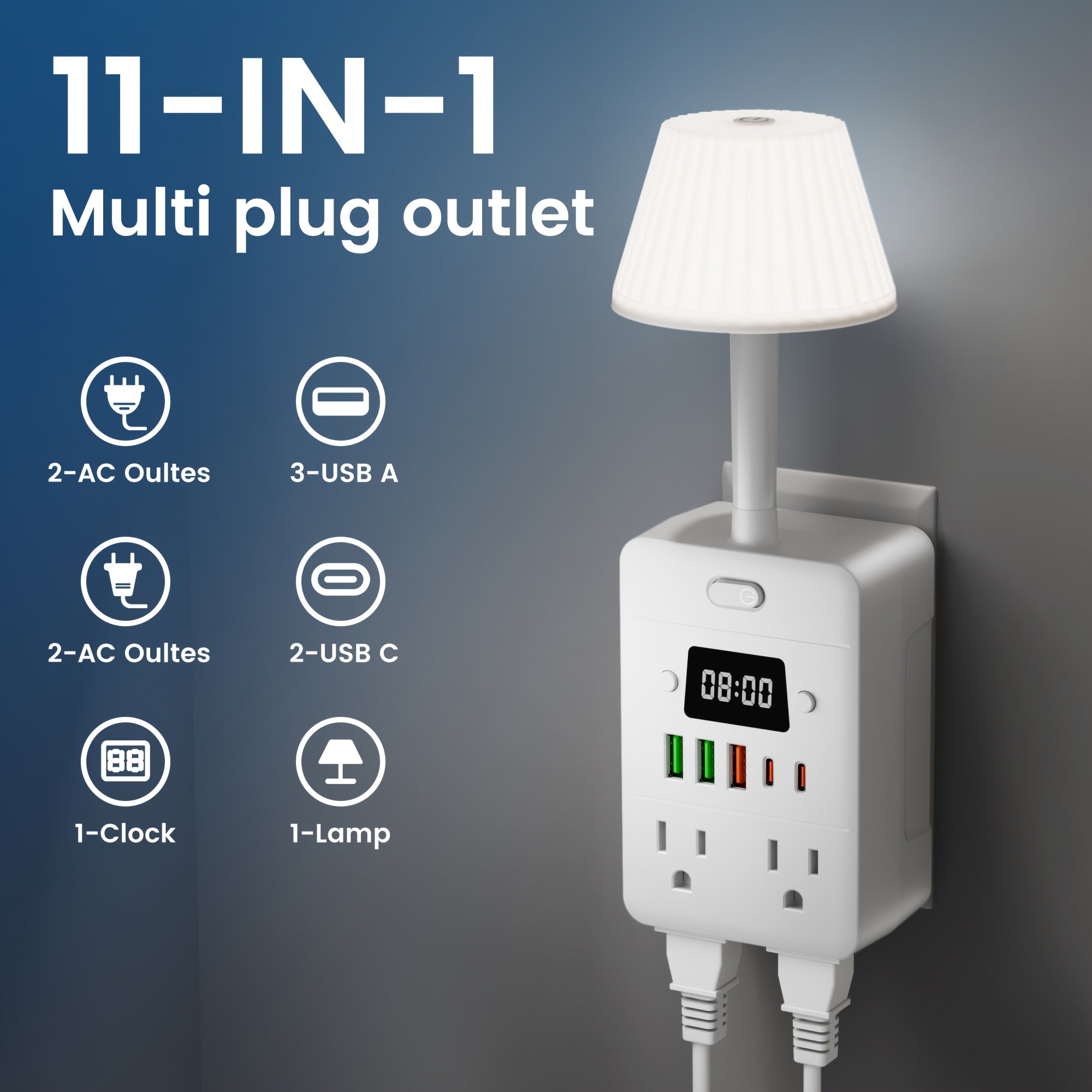 11-in-1 Multifunctional Power Strip – 4 Outlets, 3 USB-A & 2 USB-C, Built-in Desk Lamp & Digital Clock, Overload Protection, Wall-Mountable Desktop Charging Station for Home, Office & School