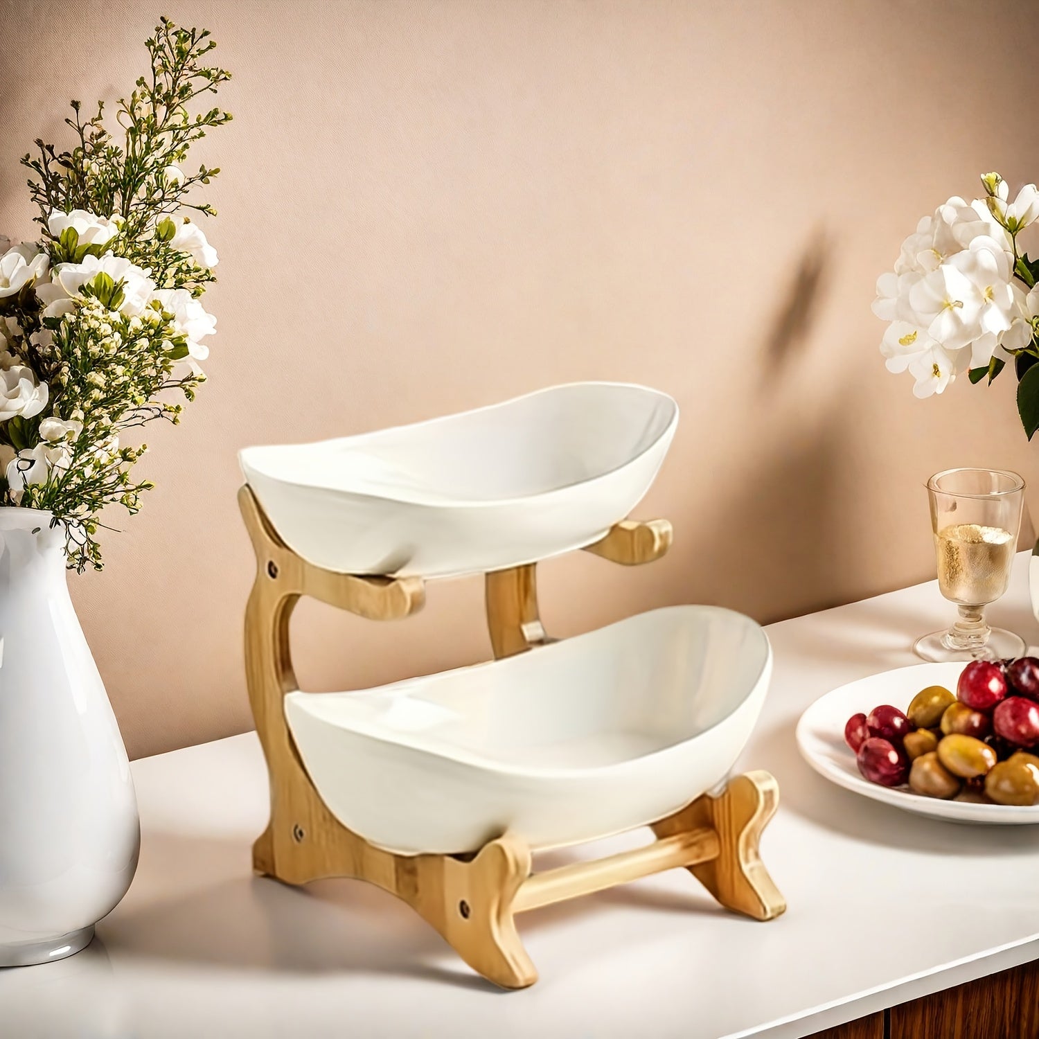 Wooden Fruit Stand 2 & 3-Tier – Art Deco Style Multi-Purpose Snack Tray, Candy & Fruit Display Pedestal for Living Room & Kitchen | Elegant Home Decor Organizer | White & Green | ShopVora CA
