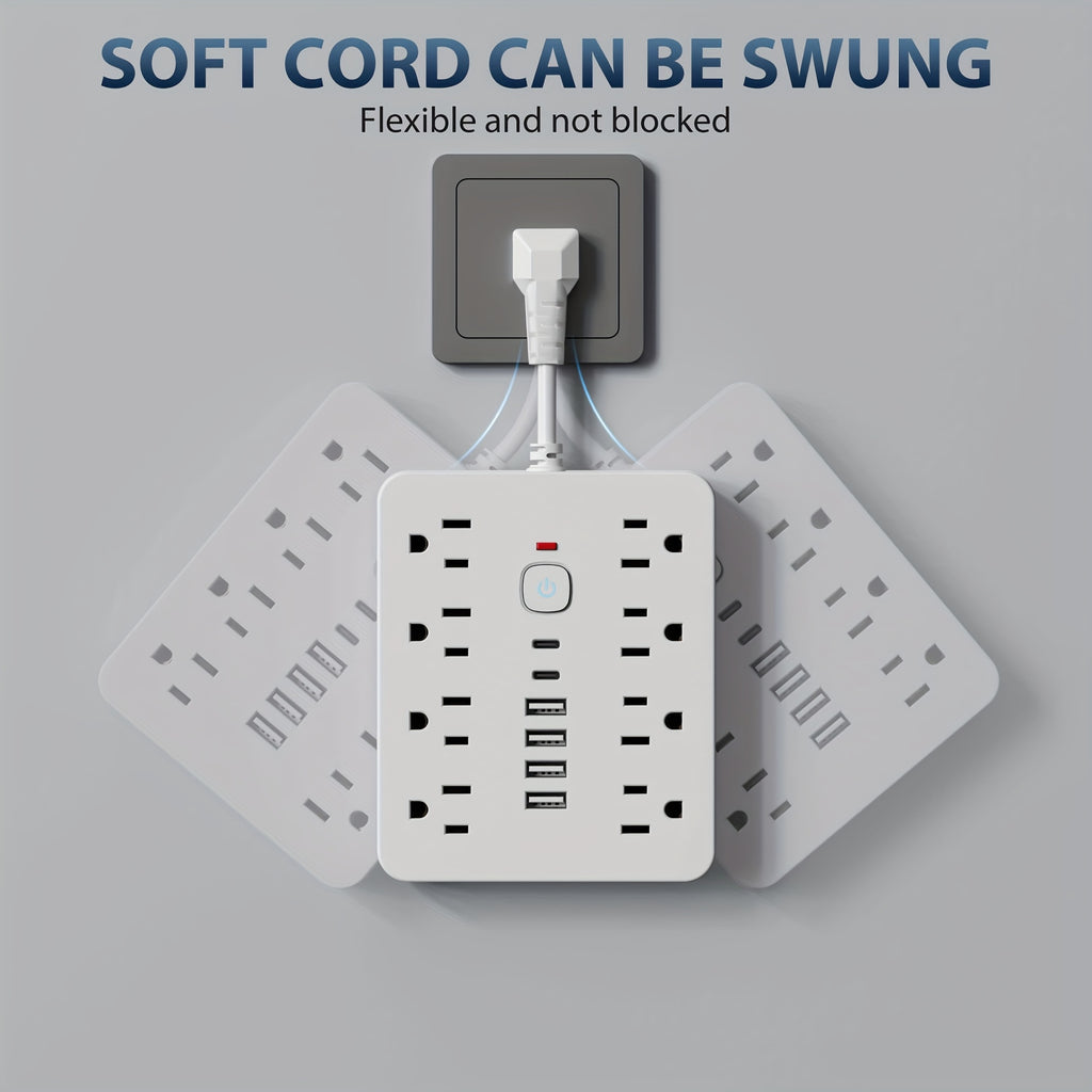 14-in-1 Power Strip Wall Mount – 8 Spacious AC Outlets, 6 USB Ports (2 USB-C), Overload Protection, One-Touch Master Switch, Extension Cord for Home Office & Den