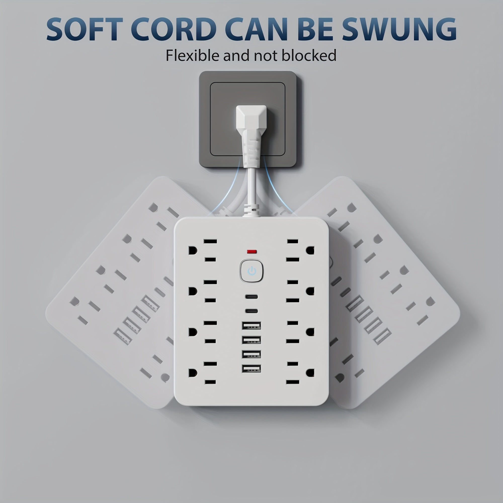 14-in-1 Power Strip Wall Mount – 8 Spacious AC Outlets, 6 USB Ports (2 USB-C), Overload Protection, One-Touch Master Switch, Extension Cord for Home Office & Den