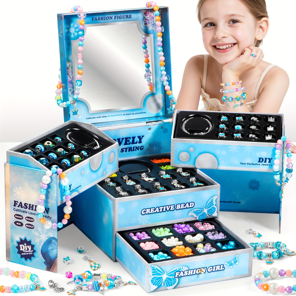 Pink/ Blue Princess DIY Beaded Jewelry Set with Categorized Jewelry Box, Mirror, Bracelets & Necklaces, Toy Gifts for Girls Kids Ages 3+