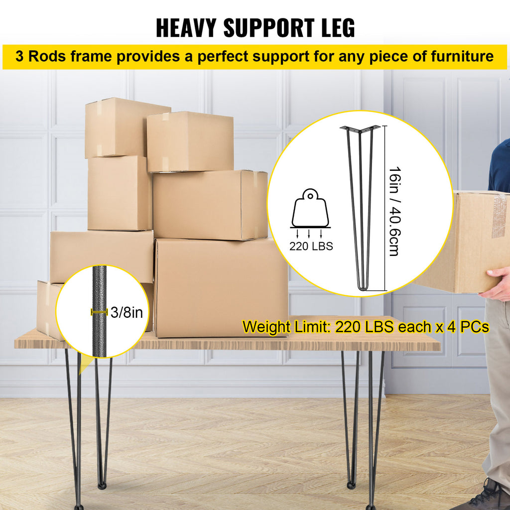 VEVOR Table Legs 16-40 inch Black Set of 4 Desk Legs Each 220lbs Capacity Hairpin Desk Legs 3 Rods for Bench Desk Dining End Table Chairs Carbon Steel DIY Table Legs Heavy Duty Furniture Legs