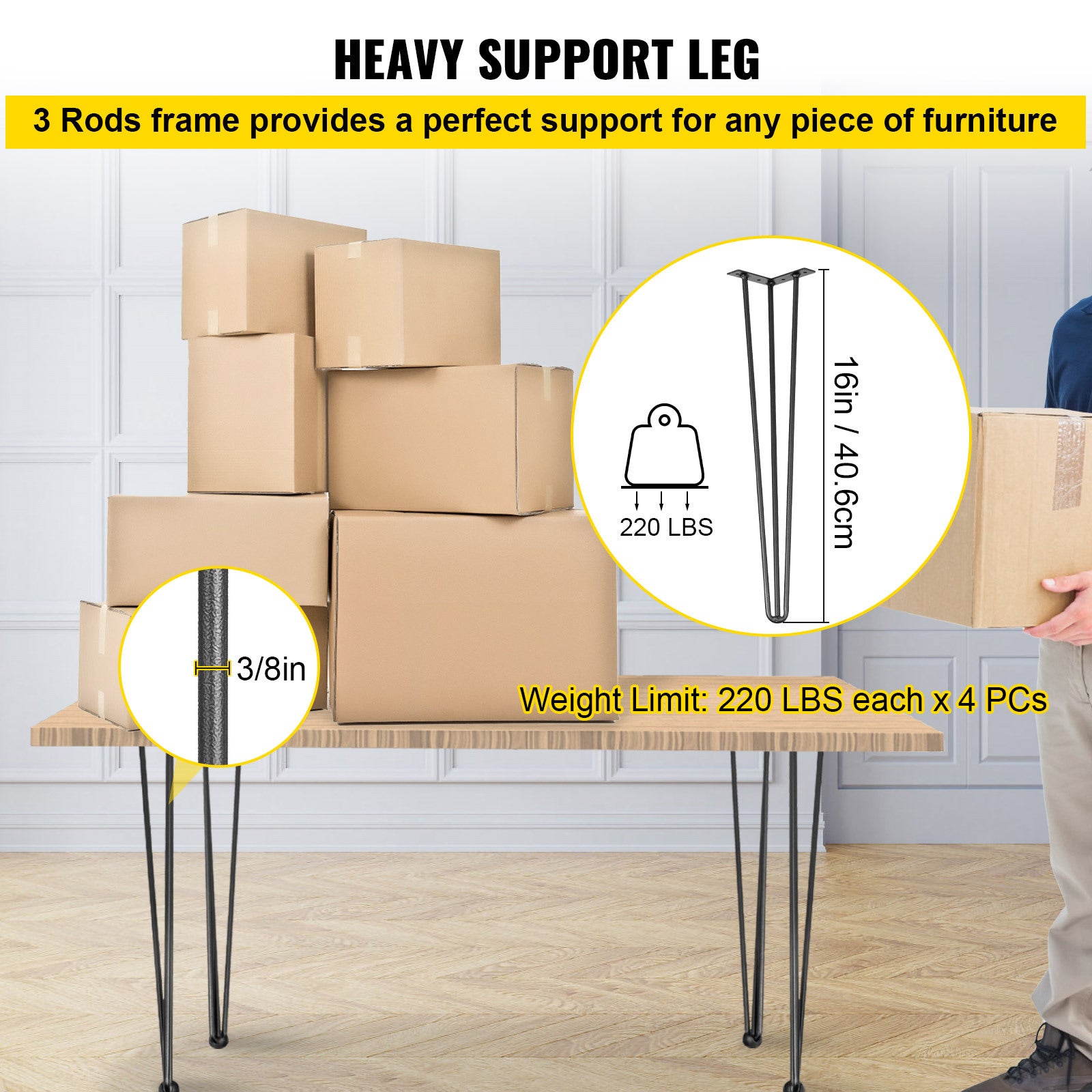 VEVOR Table Legs 16-40 inch Black Set of 4 Desk Legs Each 220lbs Capacity Hairpin Desk Legs 3 Rods for Bench Desk Dining End Table Chairs Carbon Steel DIY Table Legs Heavy Duty Furniture Legs