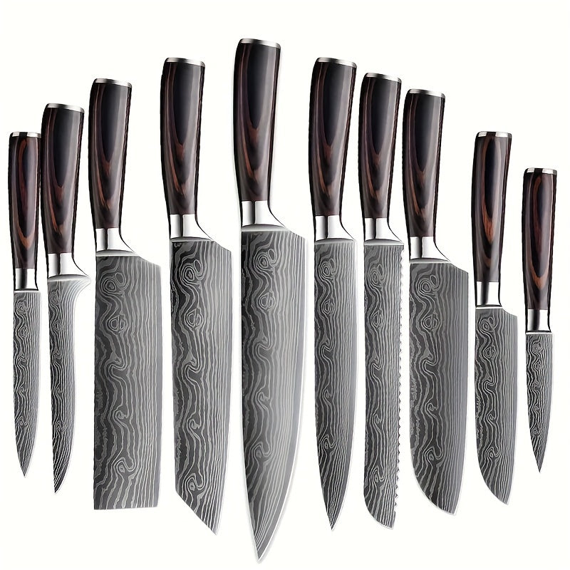 Japanese Knife Set 10-Piece with Colour Wooden Handle – Damascus Pattern Ultra Sharp Blades, Chef Knife, Santoku, Bread, Paring & Cleaver Kitchen Knives Set for Home & Restaurant Canada