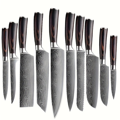 Japanese Knife Set 10-Piece with Colour Wooden Handle – Damascus Pattern Ultra Sharp Blades, Chef Knife, Santoku, Bread, Paring & Cleaver Kitchen Knives Set for Home & Restaurant Canada