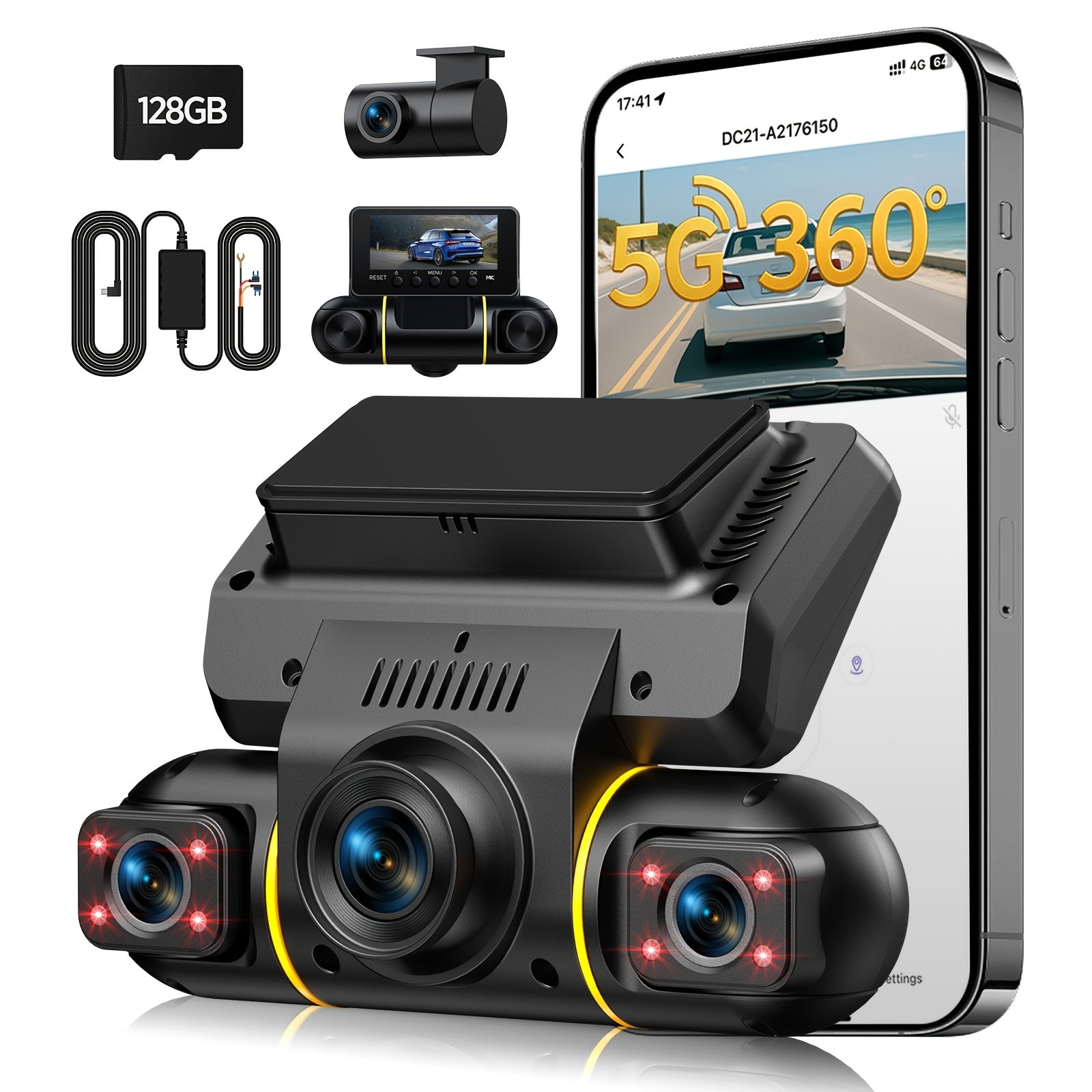 LAMTTO Dash Cam Front And Rear Inside with Hardwire Kit for 24h Security Parking Monitor, 360 Degree View 4 Channel Dash Camera Front 1080P Left 1080P Right 1080P Rear 1080P for Cars Left Right, IR Night Vision Dashcam, Free 128GB Card